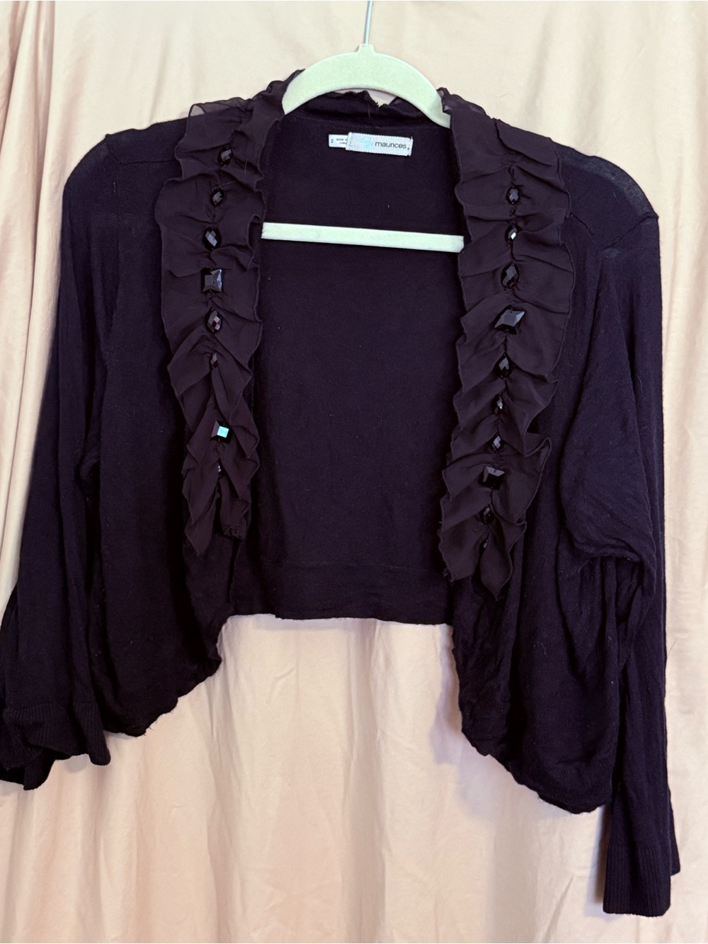 Maurices Black Ruffle Trim Beaded Cropped Cardigan